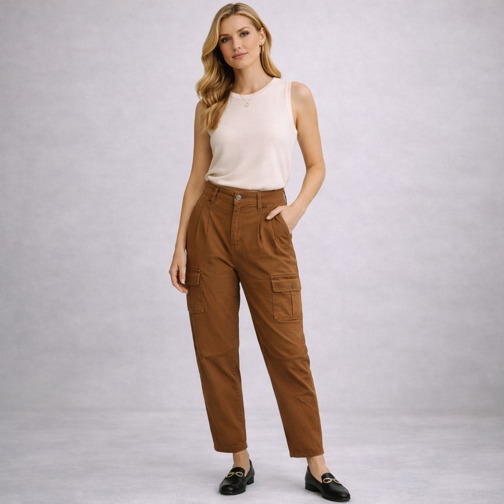 FREE PEOPLE Cargo Pants Brown High Rise Utility Pockets Cropped Women‎ Small